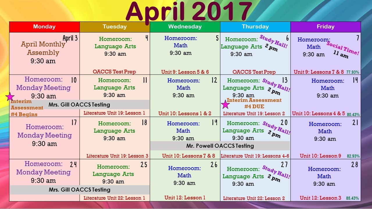 Monthly Calendar 4th Grade Oregon Virtual Academy