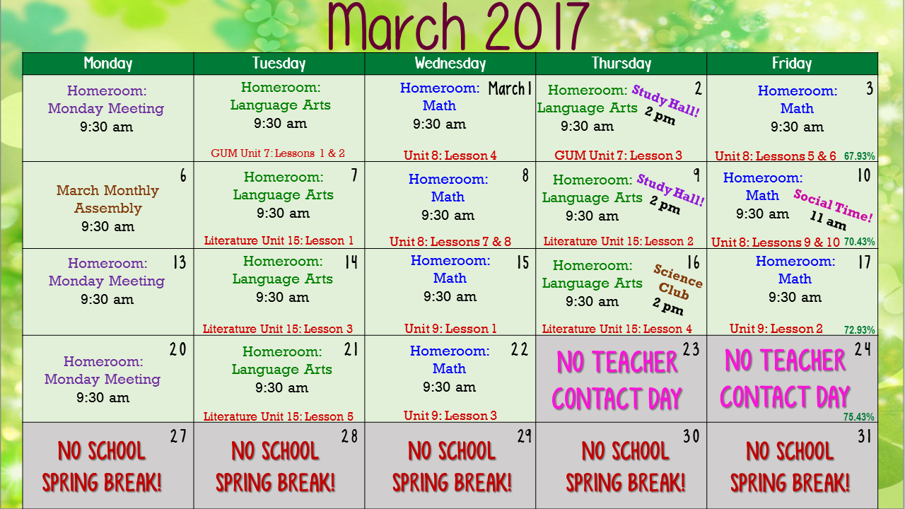 Monthly Calendar 4th Grade Oregon Virtual Academy